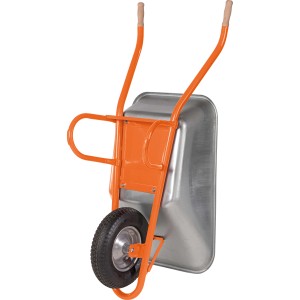 Profi-Bauschubkarre mit 120 l Stahlmulde, Unterzug und Luftrad. Ideal für Bauarbeiten.