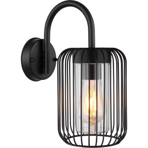 Schwarze, moderne Globo Außenwandleuchte mit klarem Zylinder und Metallstäben.