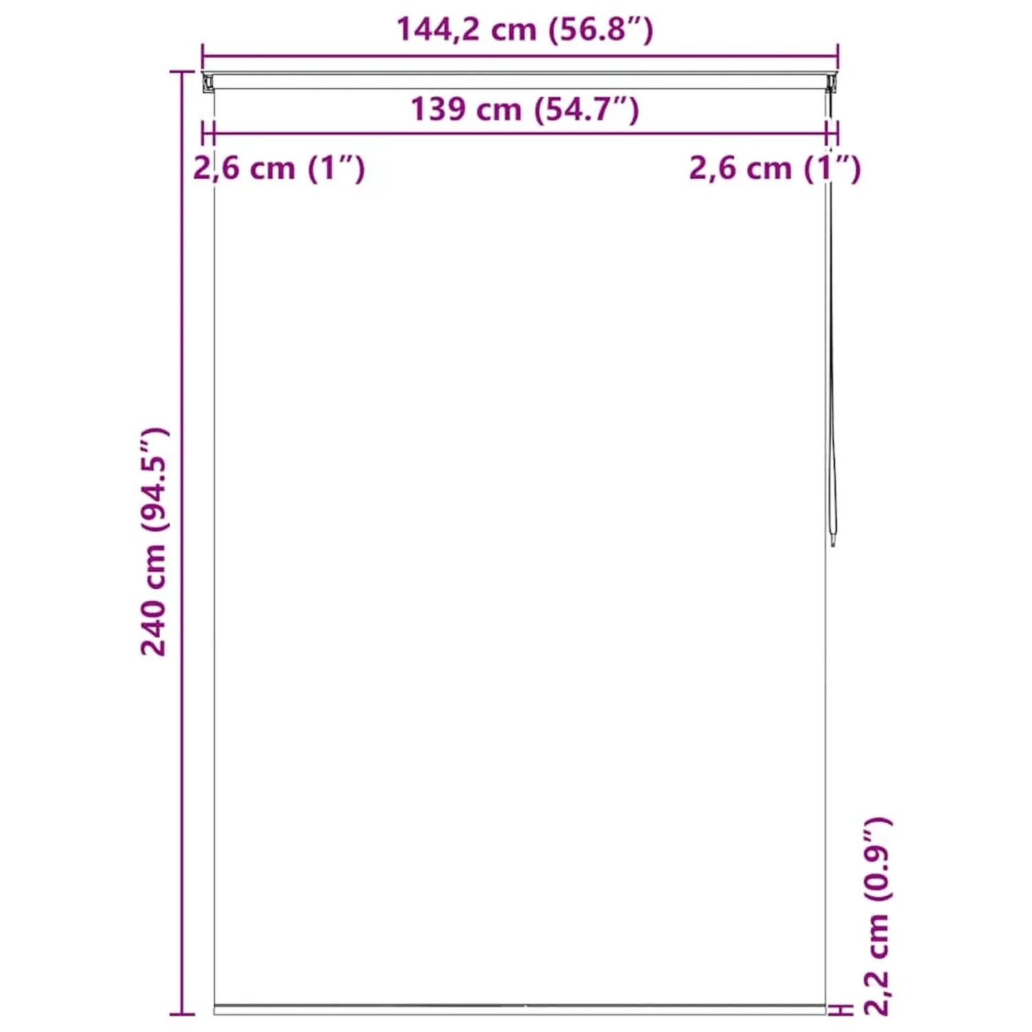 Maßzeichnung vidaXL Duschrollo 140x240 cm. Detaillierte Abmessungen für Breite 144,2 cm und Länge 240 cm des Duschvorhangs.
