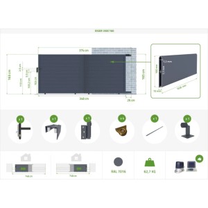 Abmessungen und Details des grauen Casanoov Schiebetors Eiger (3,5 m) mit Pfosten.