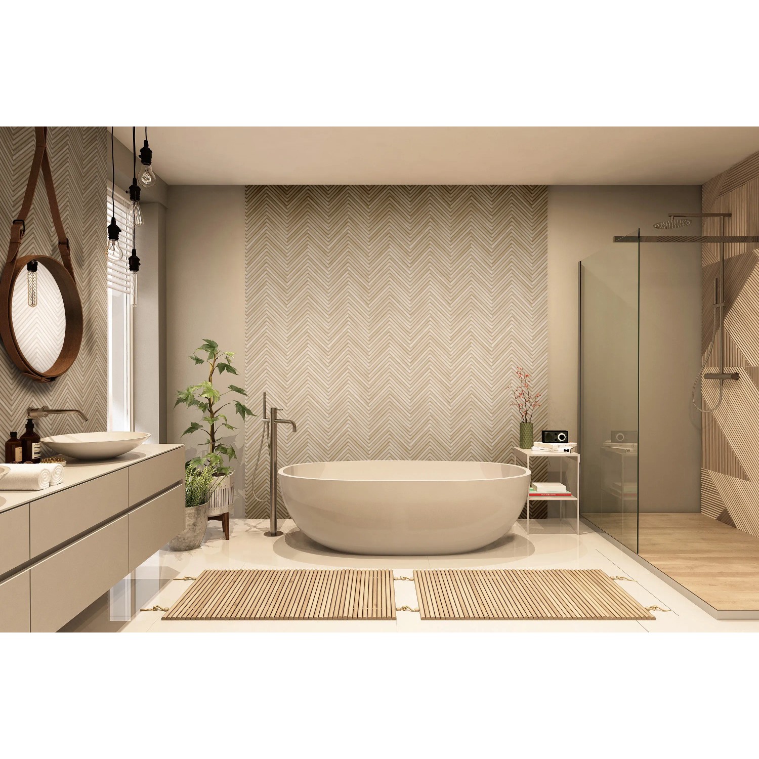 Beige Vliestapete mit modernem Fischgrätmuster in Holzoptik von Marburg für Wohnräume.
