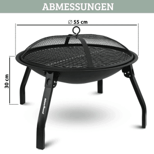 DELUKE Feuerschale mit Funkenschutz KHELO Mit Grillrost Feuerstelle für Garten Lagerfeuer Terrasse 55cm mit Deckel Schwarz