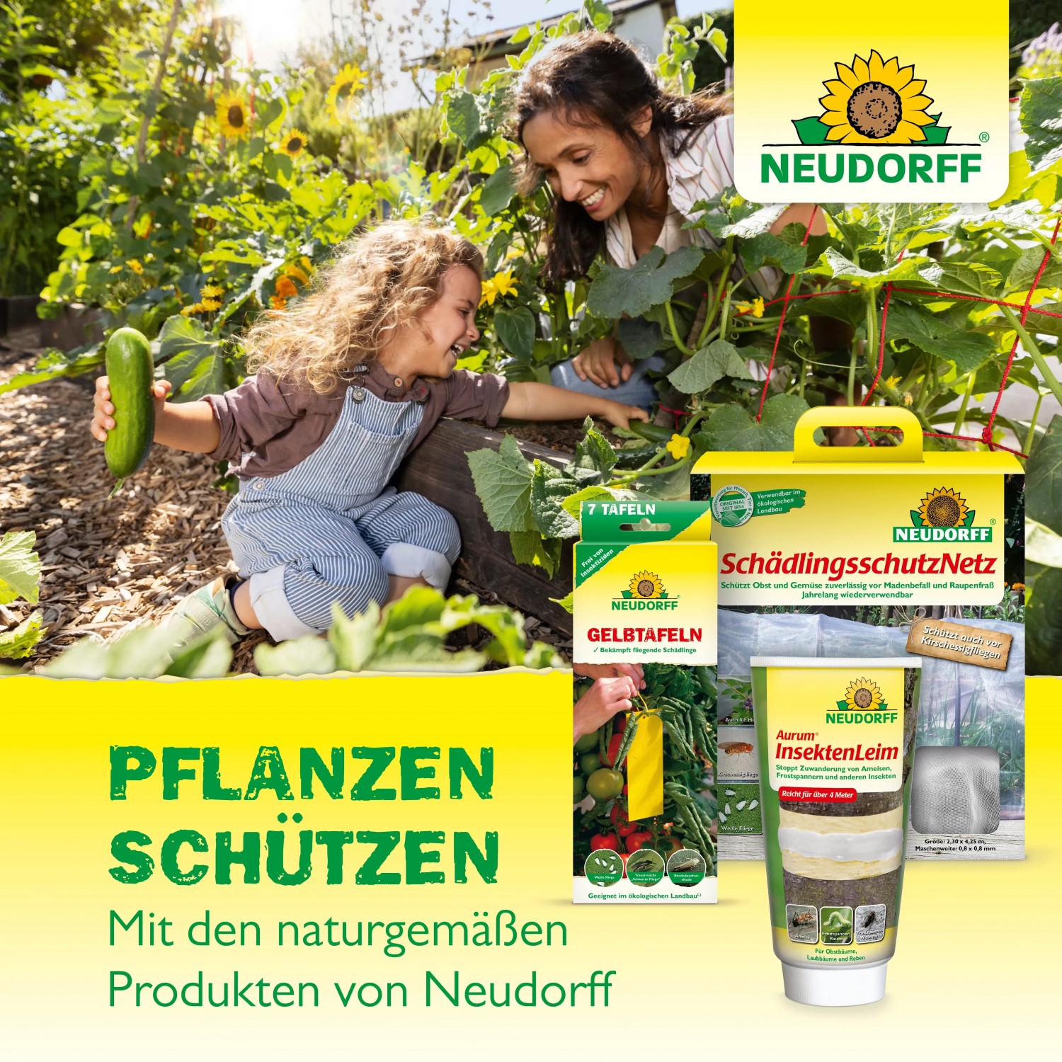 Neudorff Produkte zur Schädlingsbekämpfung im Garten mit Mutter und Kind.
