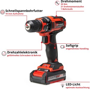 Einhell Akku-Bohrschrauber TC-CD 18/35 Li mit Akku, rot/schwarz. Akkuschrauber für Schraub- und Bohrarbeiten.