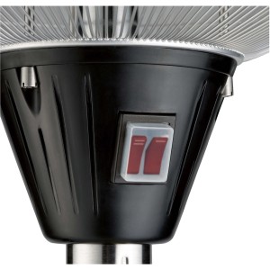 Detailaufnahme: Schwarzer Terrassenstrahler 2,1 kW mit Schalter zur Leistungsregulierung.