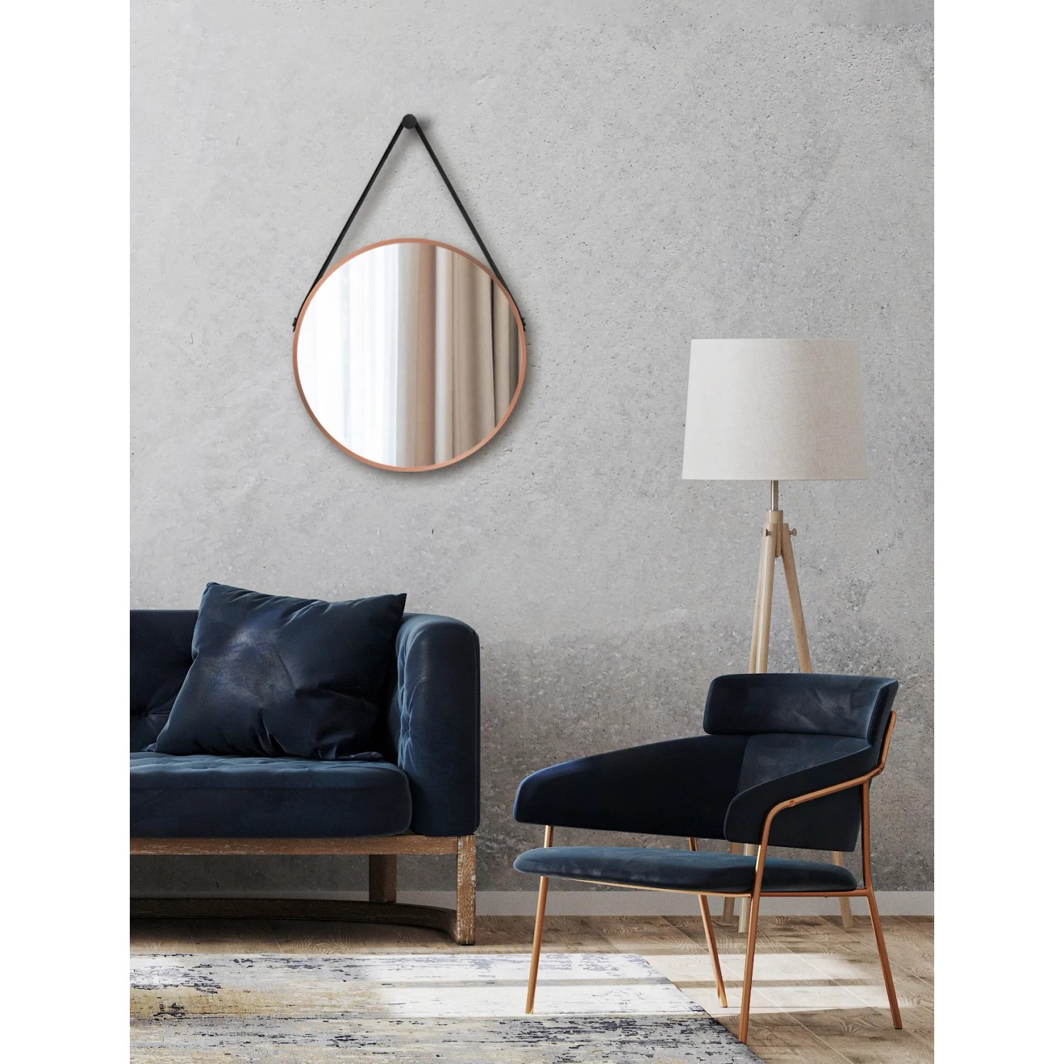 Runder DSK Design Wandspiegel Silver Coiffeur Ø 50 cm mit Kupferrahmen und Lederband.