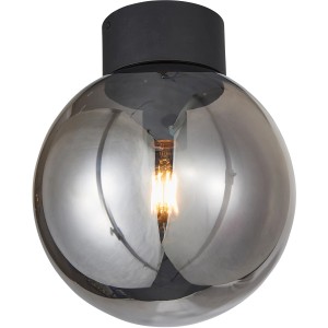 Moderne Deckenleuchte Astro mit Rauchglas-Kugel und schwarzer Halterung. Elegante Innenraumbeleuchtung.