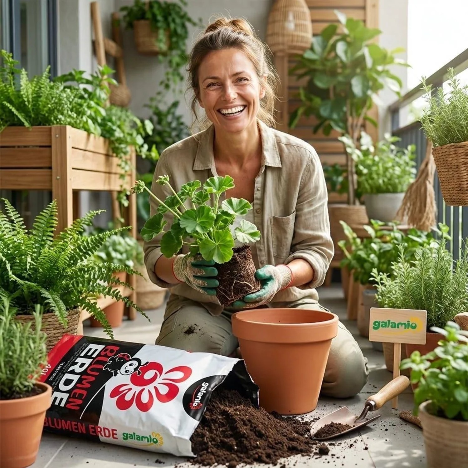 Lachende Frau topft Pflanze mit Galamio Blumenerde auf Balkon um. Offener Sack Erde, Topf und Schaufel. Für vitales Pflanzenwachstum.