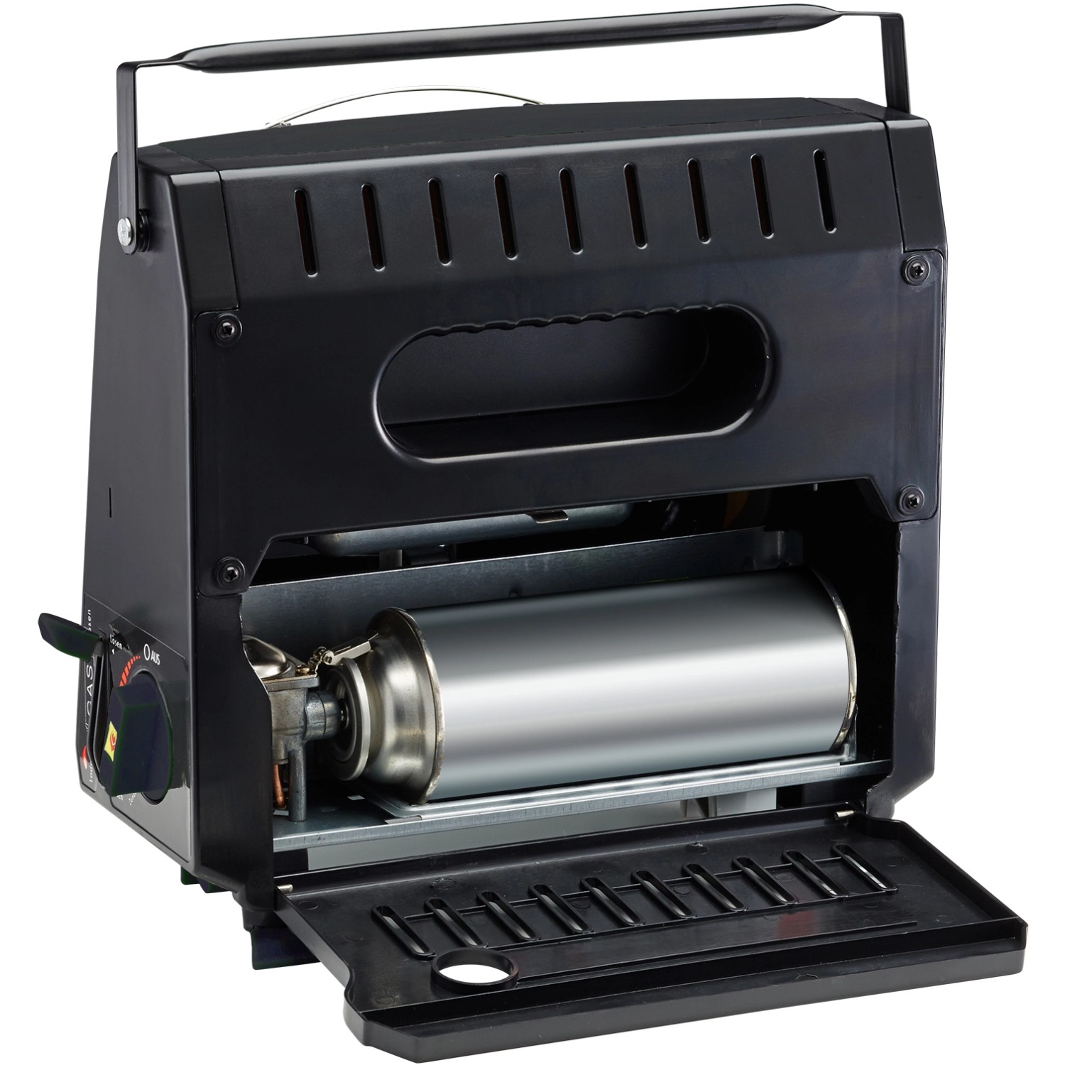 Mobiler Rowi Gas-Heizstrahler 2000 W in Schwarz mit Gaskartusche. Ideal für Outdoor-Aktivitäten.