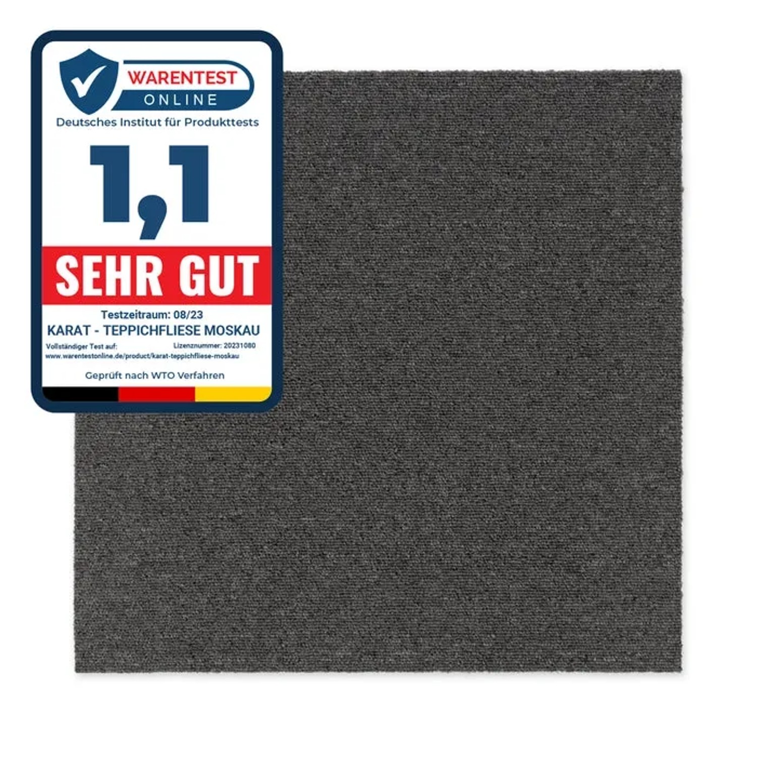 Dunkelgraue Karat Teppichfliese Moskau, selbstliegend, 50x50 cm. Rutschhemmende Teppichfliese mit Testurteil.