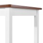 Detailansicht Bartisch-Set: Tischplatte braun, Gestell weiß. Essgruppe aus Massivholz.