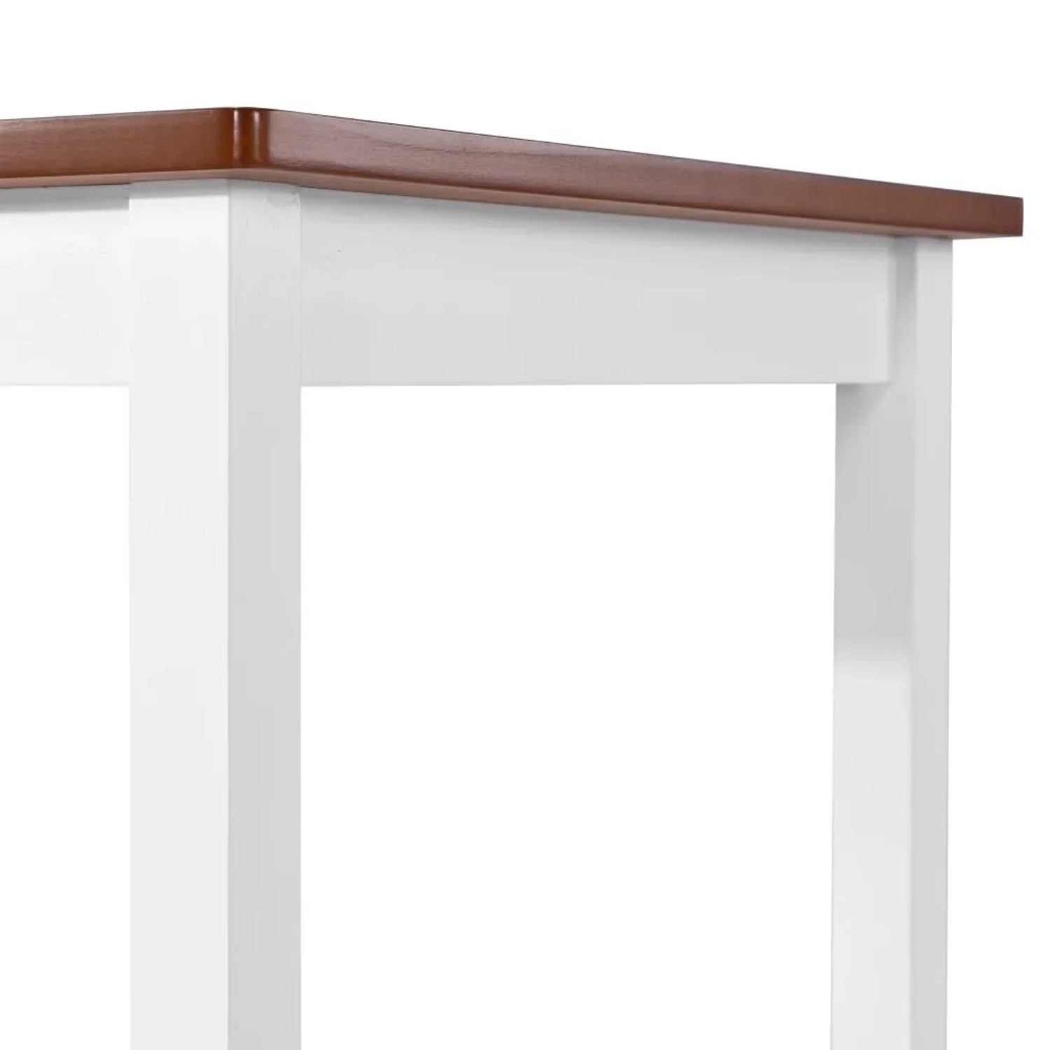 Detailansicht Bartisch-Set: Tischplatte braun, Gestell weiß. Essgruppe aus Massivholz.