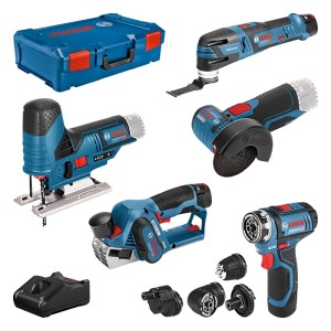 Bosch Professional 12V Akkugeräte Set: 5 blaue Werkzeuge, Akkus, Ladegerät & L-Boxx für Schrauben, Sägen, Schleifen.