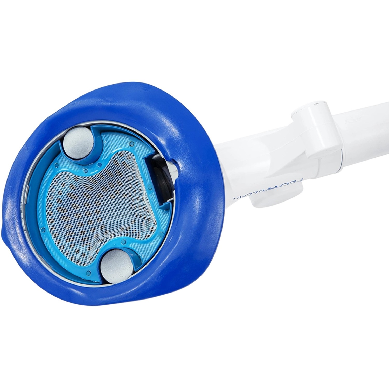 Detailaufnahme des Flowclear Aquasweeper Poolsaugers mit blauem Gehäuse und Filter.
