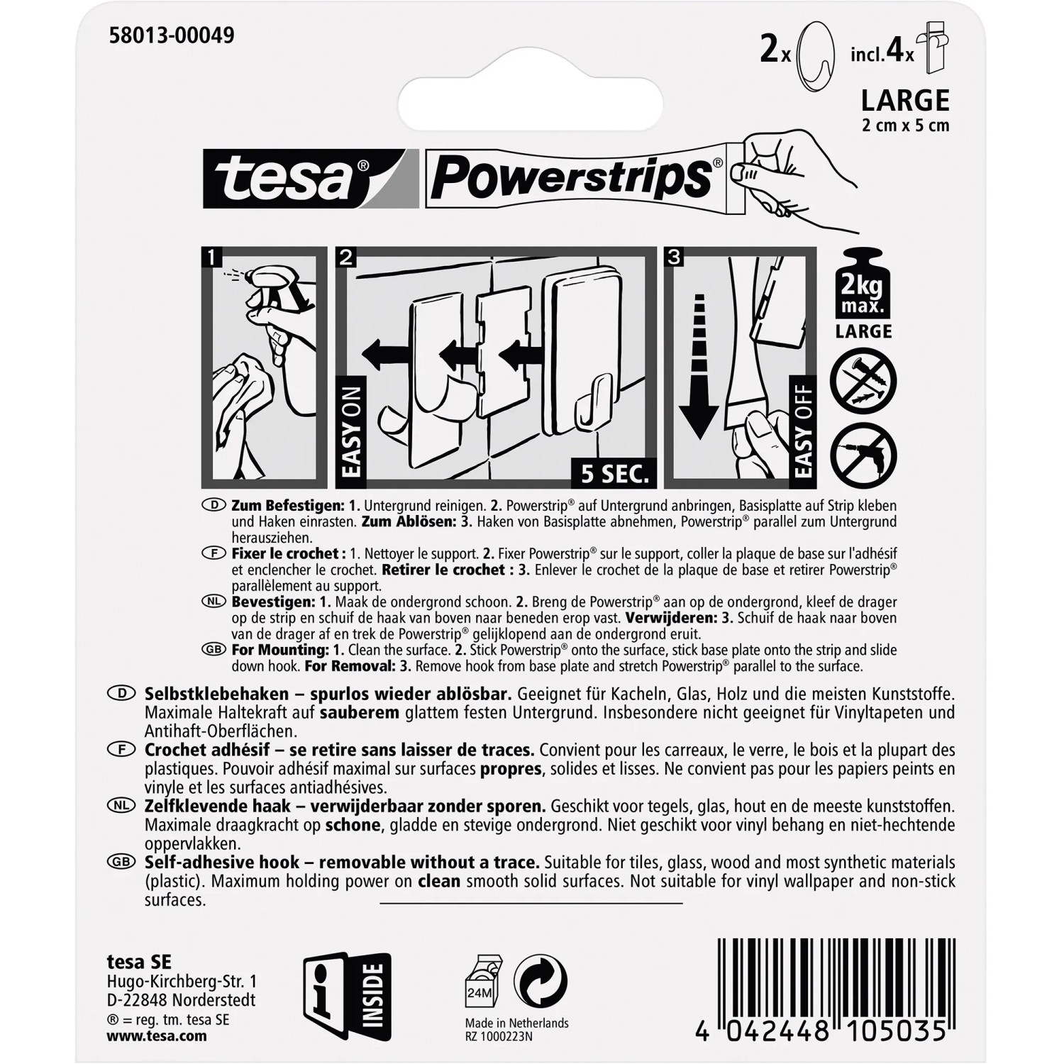 Tesa Powerstrips Klebehaken, 2 ovale Haken mit 4 Powerstrips Large, für bis zu 2 kg.