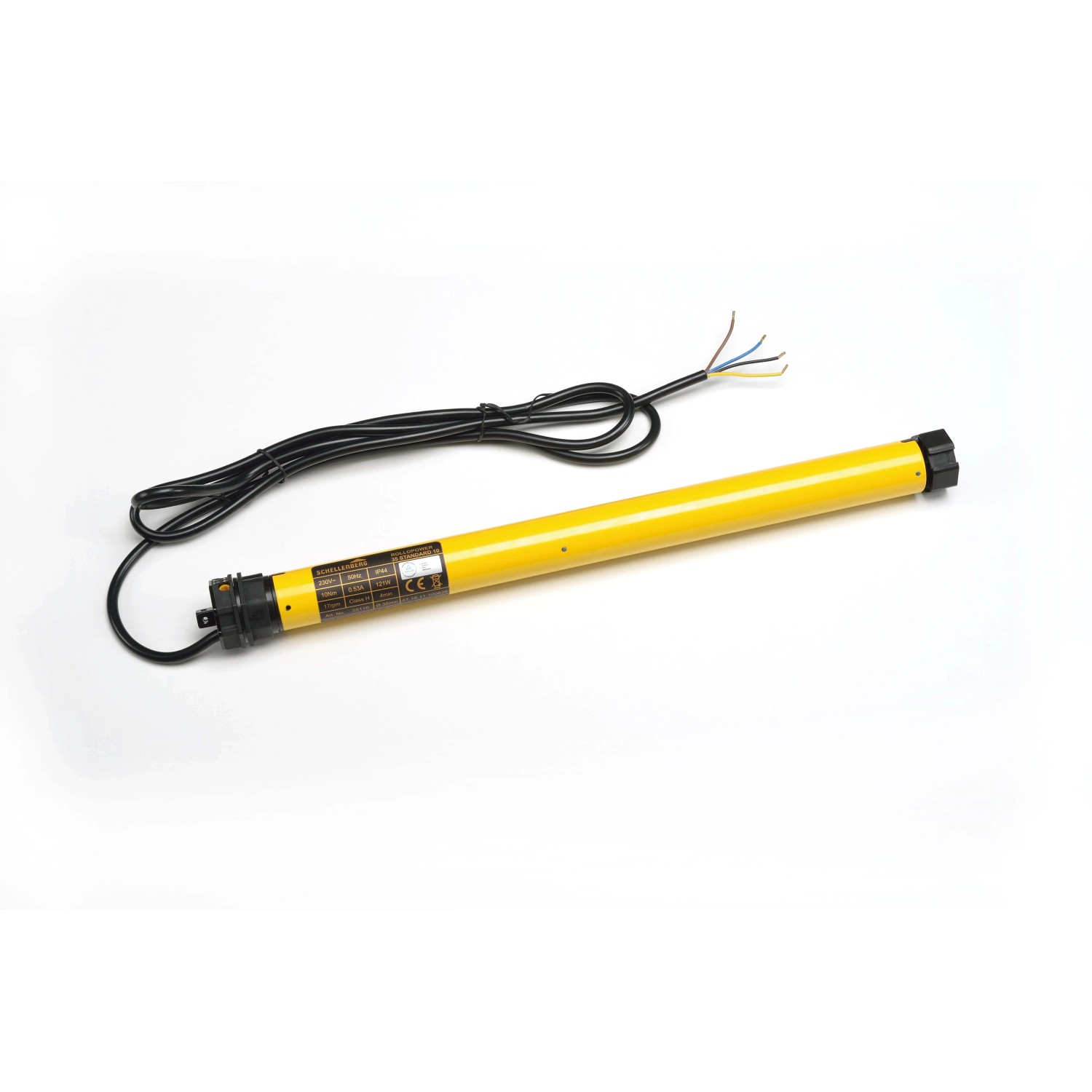 Schellenberg Rollladenmotor Standard Mini 10 Nm, gelber Rohrmotor mit schwarzem Kabel.
