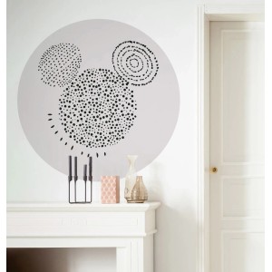 Selbstklebende, runde Disney Tapete mit Mickey Mouse Motiv in Grau und Schwarz.