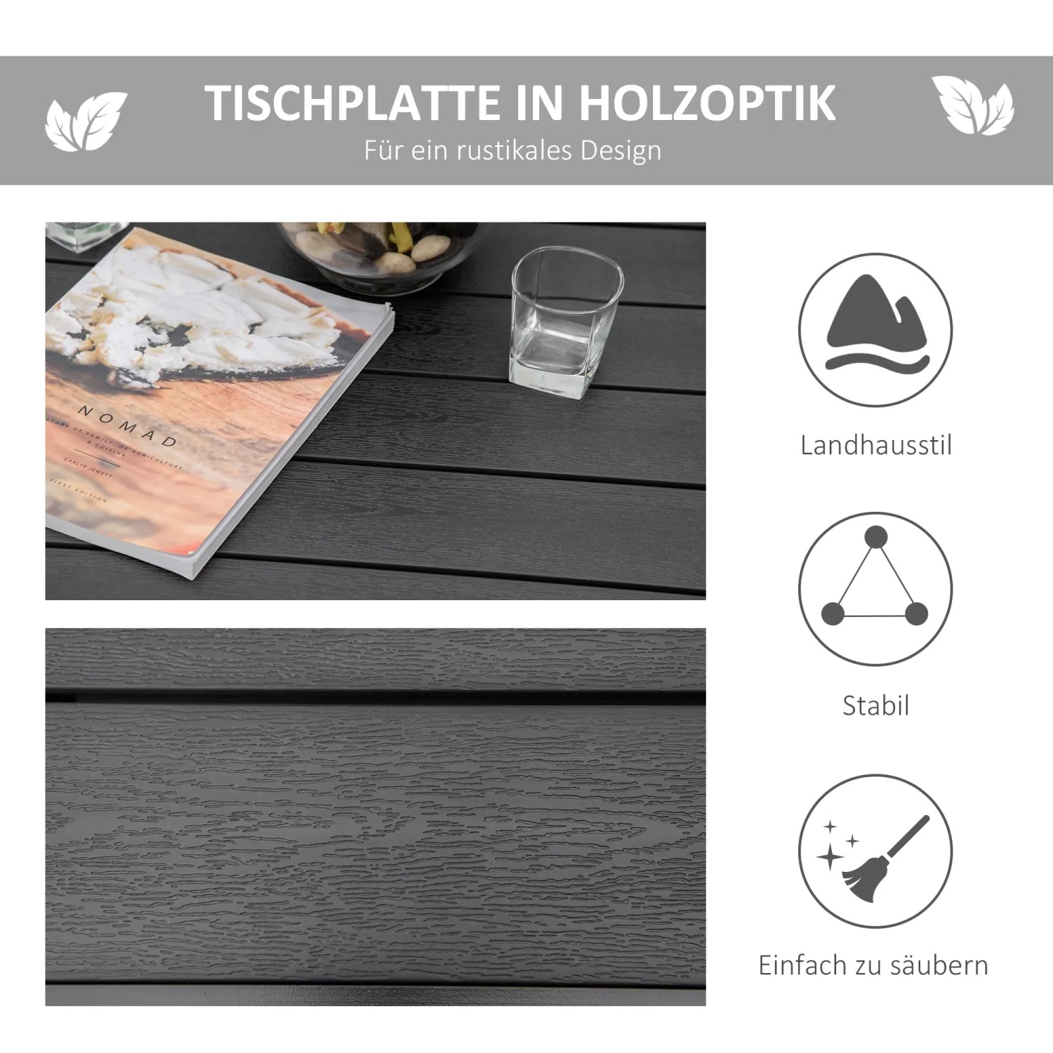 Detailansicht der Tischplatte des Outsunny Gartentischs in Holzoptik, pflegeleicht und stabil.