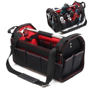 Schwarze Wiltec Werkzeugtasche L mit rotem Innenfutter, vielen Fächern, Griff und Schultergurt für Garten-Ordnung.