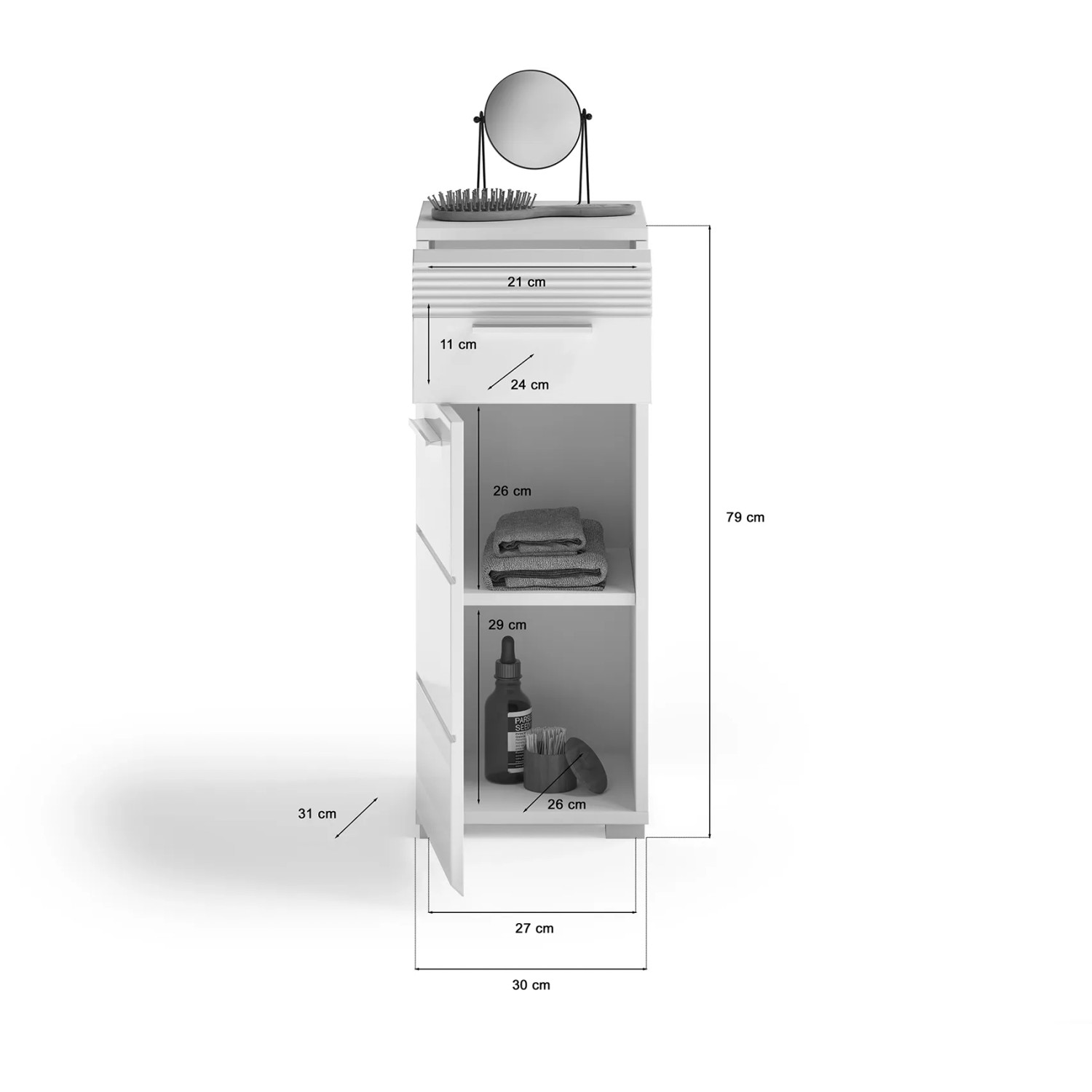 Weißer, eintüriger OBI Bad-Standschrank Linus Hochglanz, 30 cm breit, mit offenem Fach und Badutensilien.