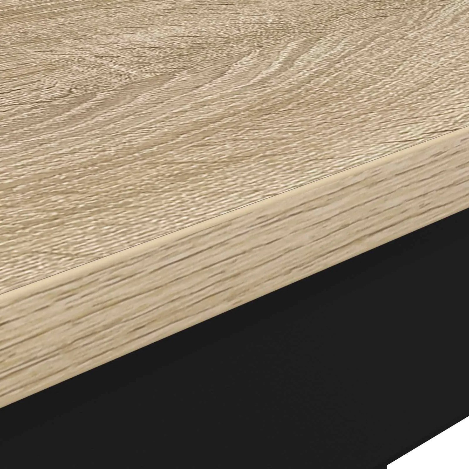 Helle Holzoptik-Tischplatte mit Maserung und schwarzem Metallrahmen des Esstisches.