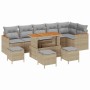 Beiges 10-teiliges vidaXL Garten-Sofa-Set aus Poly Rattan mit Tisch und Kissen.