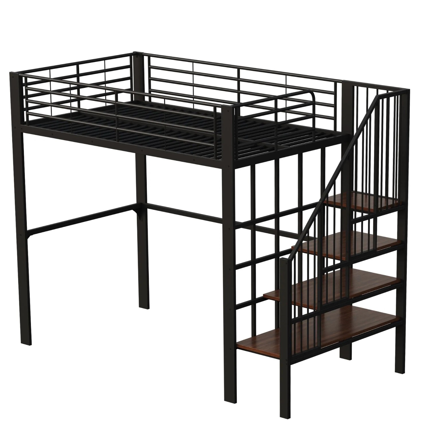 okwish Hochbett 140x200cm mit Stauraum und Treppe Kinderzimmer Schwarz ohne Matratze