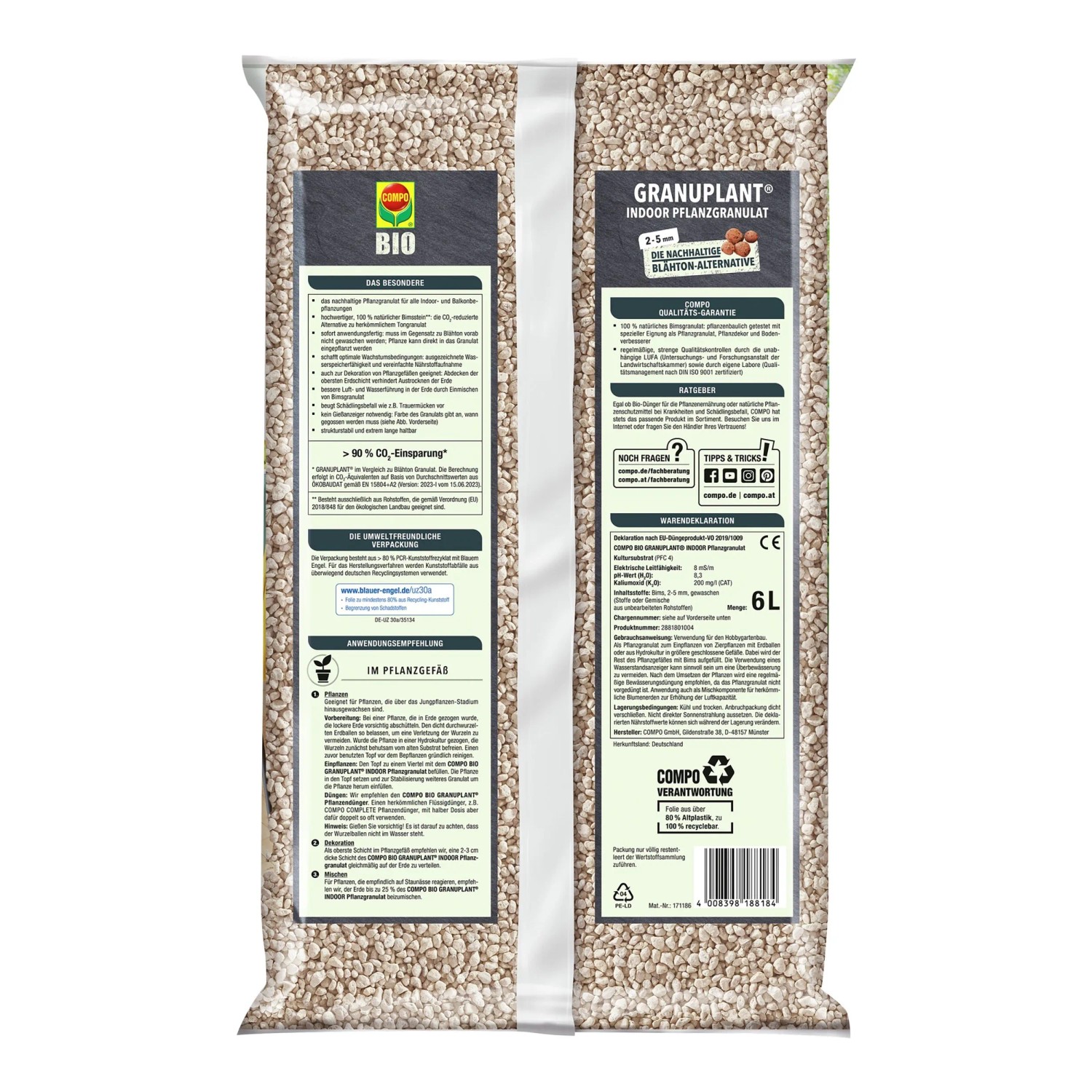 Compo Bio-Pflanzgranulat Granuplant Indoor 6 l Sack, Pflanzsubstrat für Hydrokultur und Zimmerpflanzen.