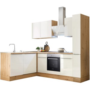 Respekta Winkelküche Marleen 250 cm Artisan-Eiche/Weiß Hochglanz mit E-Geräten.