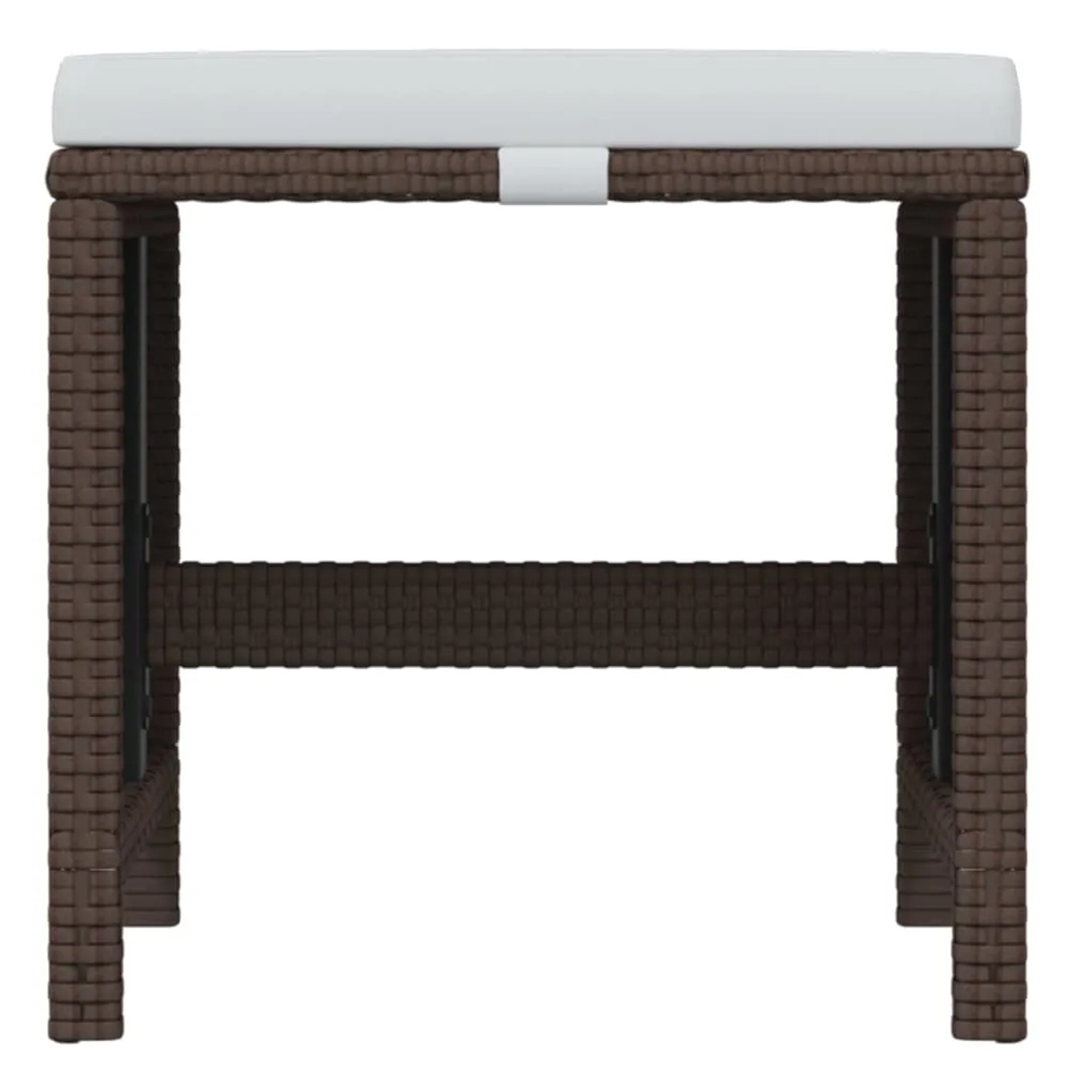 Hocker der vidaXL Garten-Essgruppe aus braunem Poly Rattan mit cremeweißem Kissen.