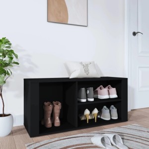 Schuhregal Schwarz (100x35x45 cm) aus Holzwerkstoff mit Schuhen dekoriert.