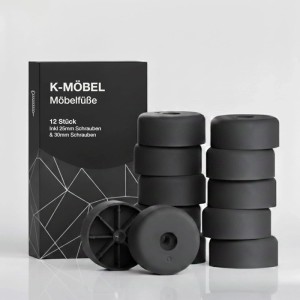 K-Möbel Möbelfüße, 12er Set aus schwarzem Kunststoff mit Schrauben in 2 Größen.