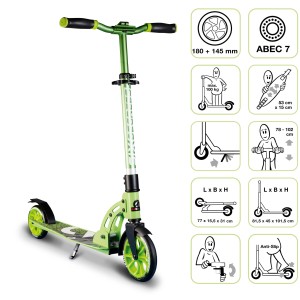 Grüner Six Degrees Junior Scooter mit Klappmechanismus und Ständer, höhenverstellbar.