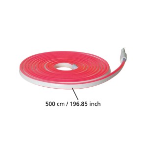 Aufgerolltes, rotes Eglo LED-Leuchtband Flatneonled, 500 cm, für den Außenbereich.