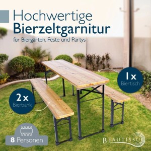 Beautissu Bierzeltgarnitur 3-teilig: klappbarer Holztisch und 2 Bänke für 8 Personen im Garten. Ideal für Feste.