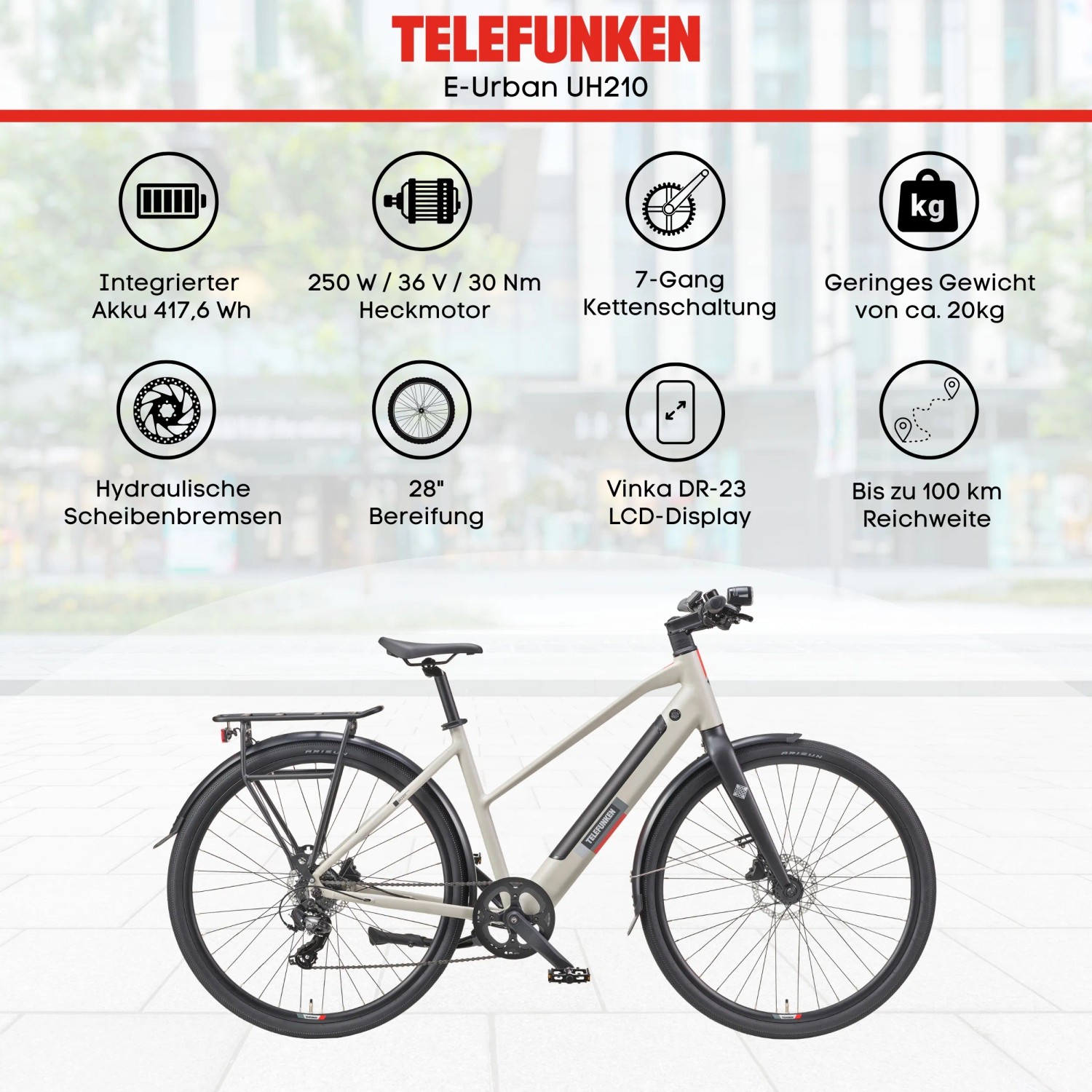 TELEFUNKEN UH210 E-Bike in Seidengrau: 28-Zoll Urban Pedelec mit 7-Gang-Schaltung.