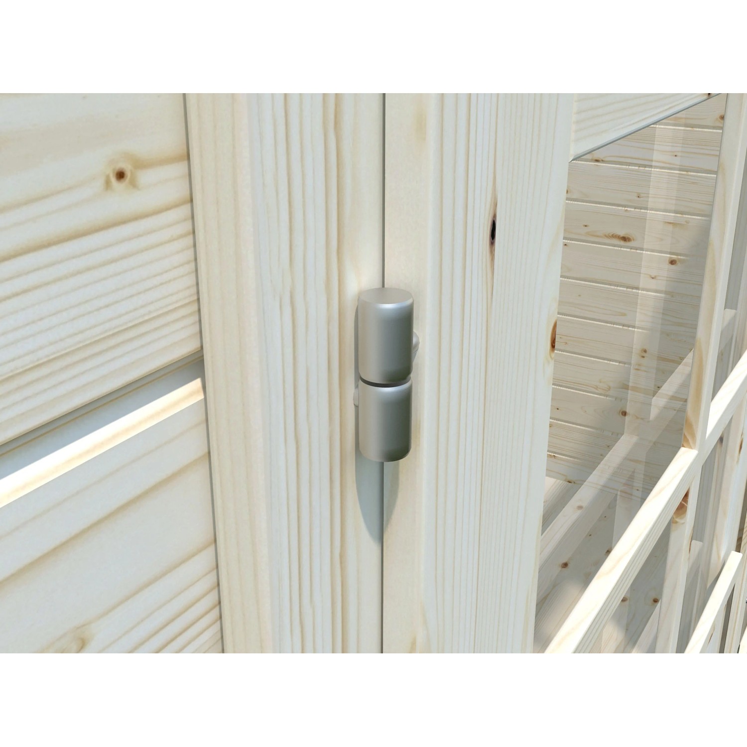 Detailaufnahme: Türscharnier am Palmako Ella Holz-Gartenhaus, tauchgrundiert.