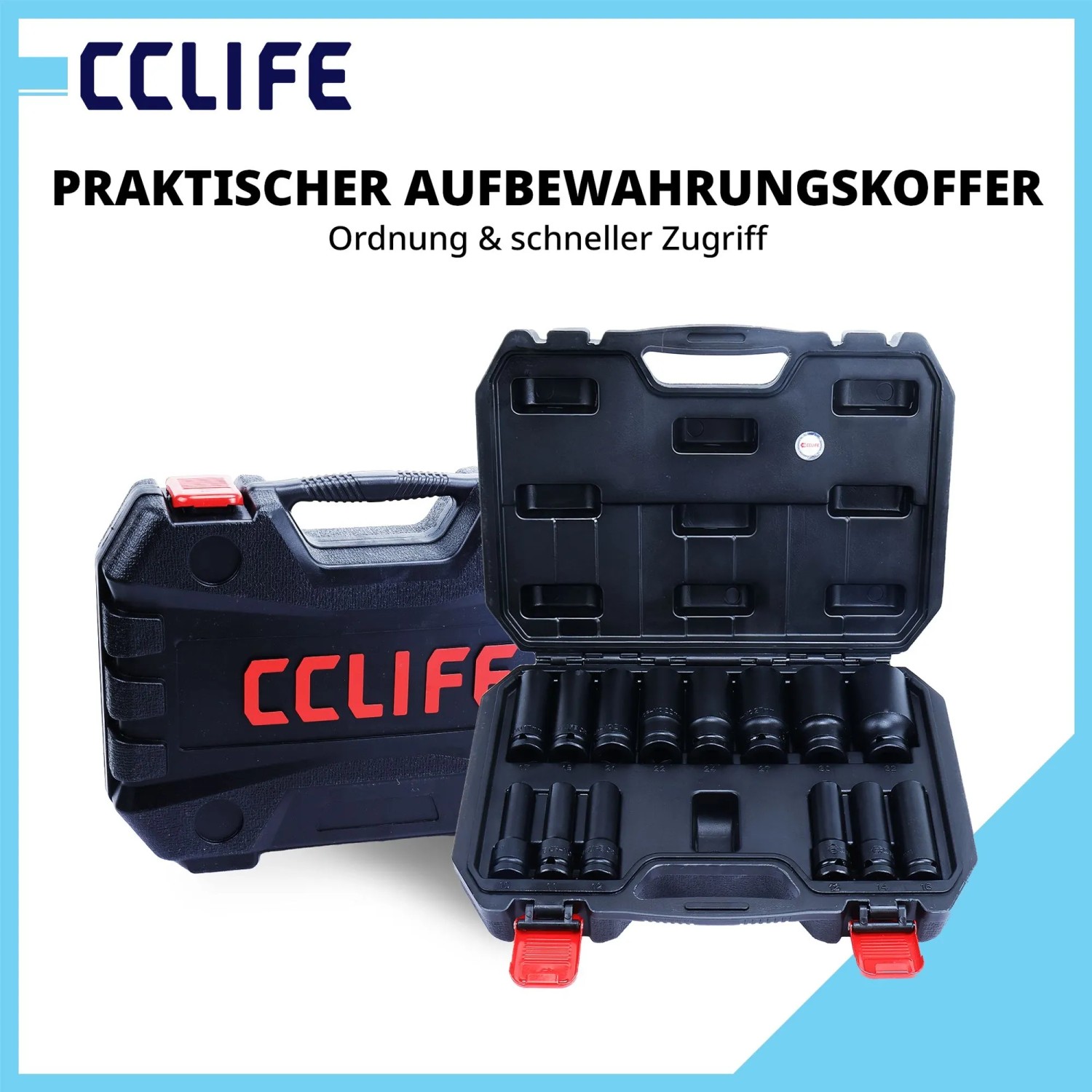 CCLIFE 14-tlg. 1/2 Zoll Schlagschrauber-Nuss-Set aus Cr-Mo Stahl, 10-32mm, in schwarzem Werkzeugkoffer.