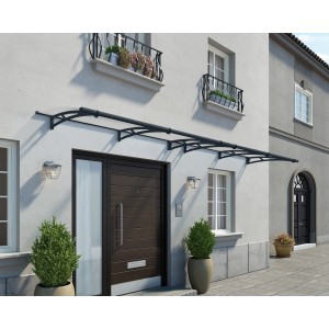 Palram Canopia Aquila 4.1 x 0.9 Vordach in Anthrazit klar über Haustür.