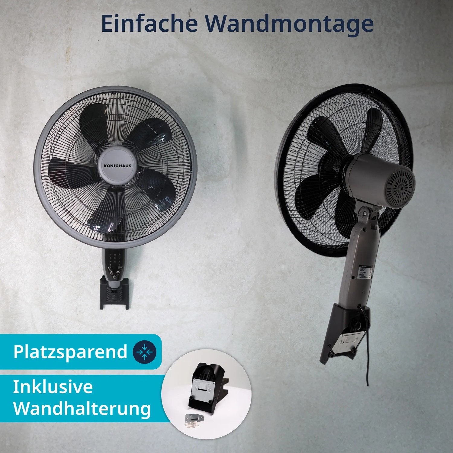 Könighaus 3-in-1 Ventilator in Weiß als Wandmontage mit Wandhalterung.