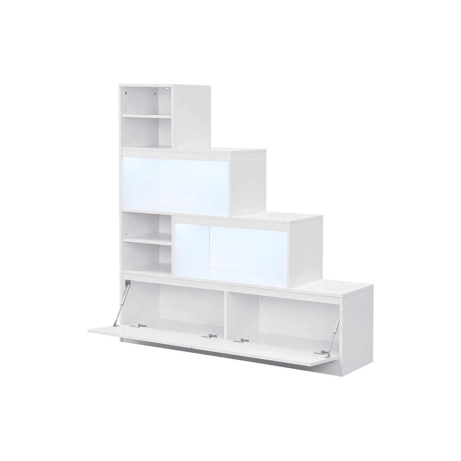Weißer Vente-unique Schuhschrank Lovila, modernes Stufendesign, offene Fächer, LED-beleuchtete Türen und Klappen. Schuhkommode.