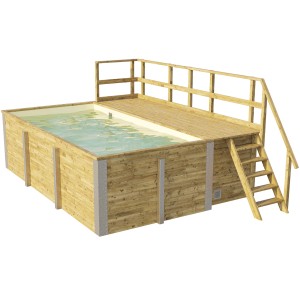 Weka Holzpool mit Sonnendeck, Technikraum und Leiter. Rechteckiger Pool aus Massivholz.
