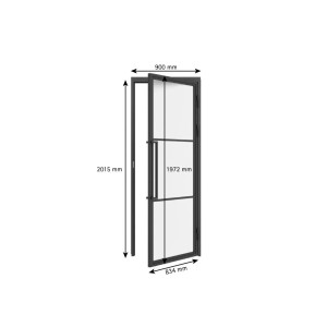 inova Loft Glastür Komplettset, satiniert, 3 Felder, DIN Rechts, mit schwarzem Beschlag und Zarge.