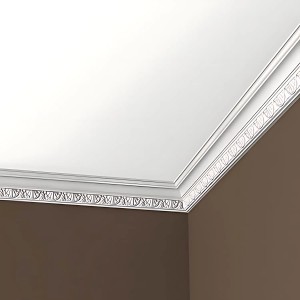 Weiße, flexible PROFHOME Eckleiste aus Polyurethan (2m) zwischen Decke und Wand.