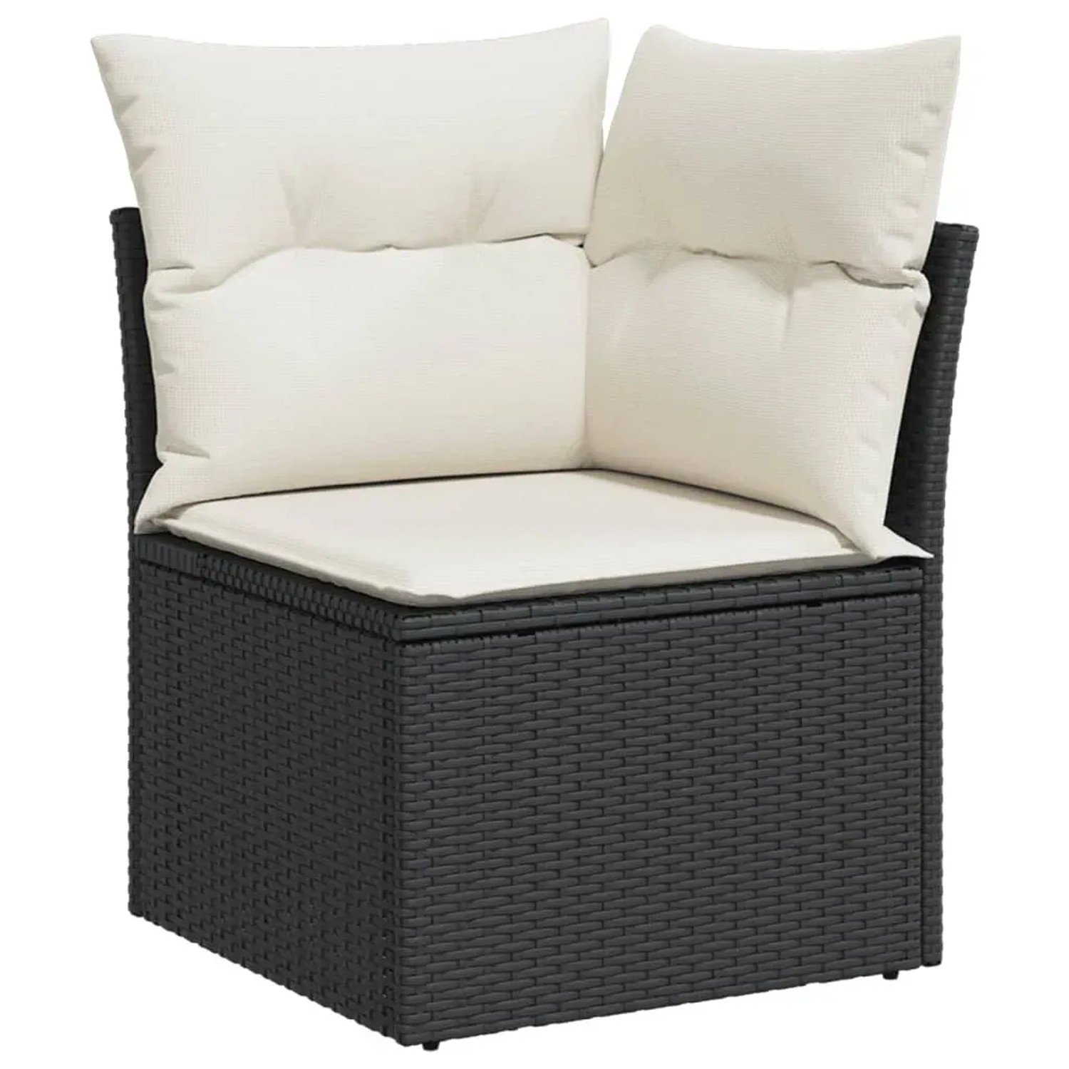 Schwarzes vidaXL Garten-Ecksofa mit cremeweißen Kissen aus Polyrattan für Gartenmöbel.