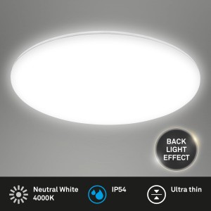 Weiße, runde Briloner LED Feuchtraumleuchte, rahmenlos, 29 cm Durchmesser, neutralweißes Licht.