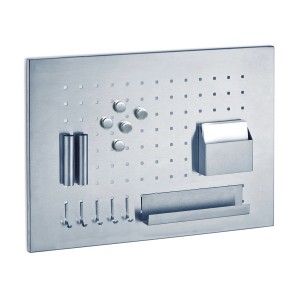 Zeller Memoboard aus Edelstahl mit Stifthalter, Zettelbox, Ablage, Haken und Magneten.