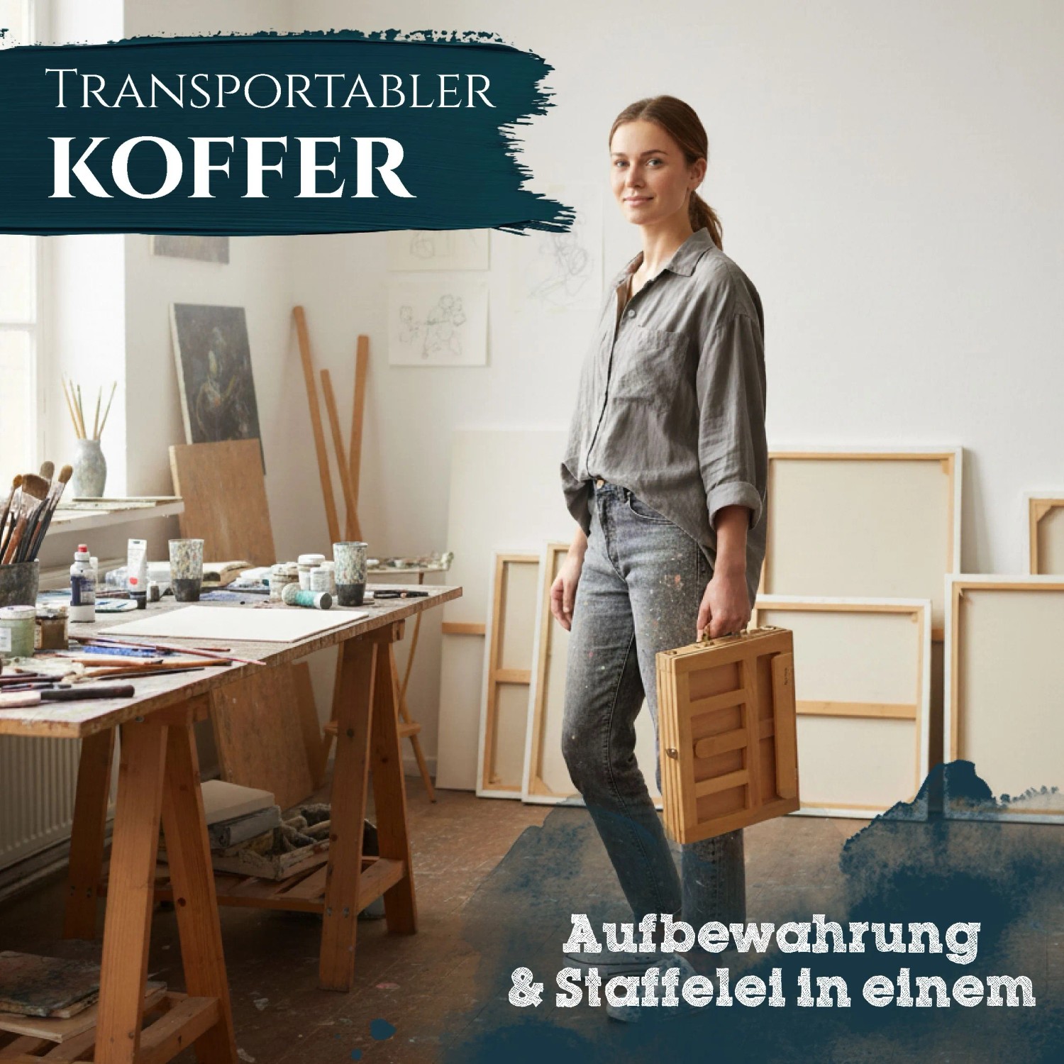 Junge Frau hält zusammengeklappte Artina Colmar Tischstaffelei aus Buche im Atelier. Transportabler Malkoffer mit Stauraum.