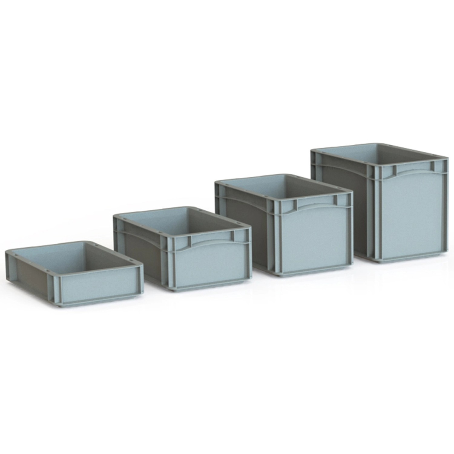 Graue Eurobox-System Boxen (verschiedene Größen) für Aufbewahrung.