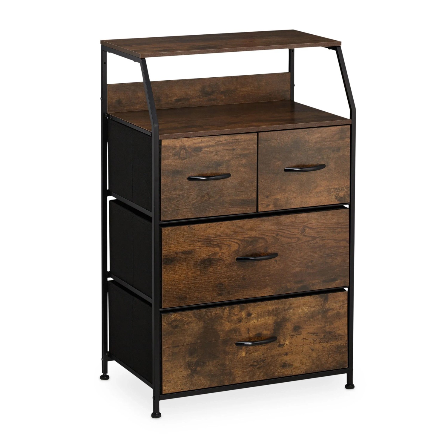 Relaxdays Kommode mit 4 Schubladen MDF Eisen Stoff Dunkelbraun Schwarz Höhenverstellbar 96,5 cm x 60 cm x 41,5 cm 12 kg